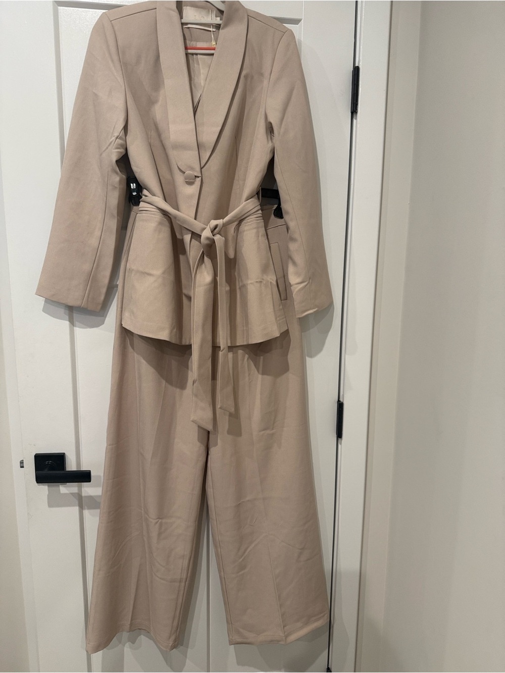 Tailored Tie-Belt Wide-Leg Pantsuit in Light Taupe